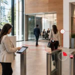 A commercial office lobby with a glass entrance