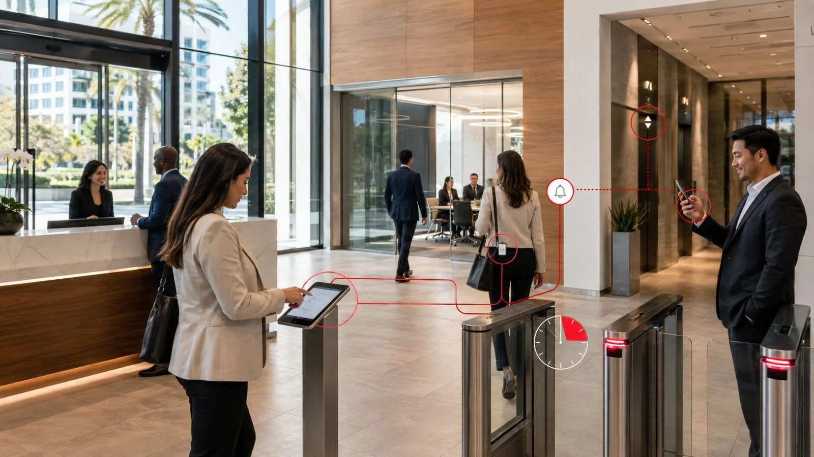 A commercial office lobby with a glass entrance