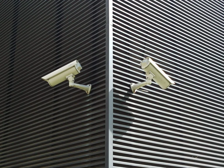 Two security cameras mounted on a slatted wall for surveillance