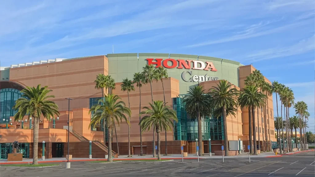 Honda Center in Anaheim, with palm trees along the arena entrance